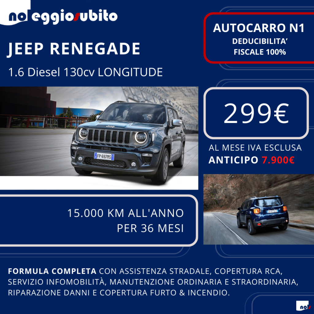 Jeep Renegade Diesel Autocarro N1 - Canone di noleggio a partire da 299€ al mese. Scaricabile 100%. Noleggio a Lungo termine assicurazione manutenzione compresa