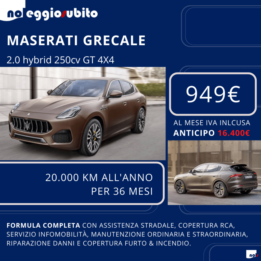 Maserati Grecale 250cv Hybrid GT con cambio automatico 4x4. Canone di noleggio a lungo termine a partire da 949 € IVA compresa.