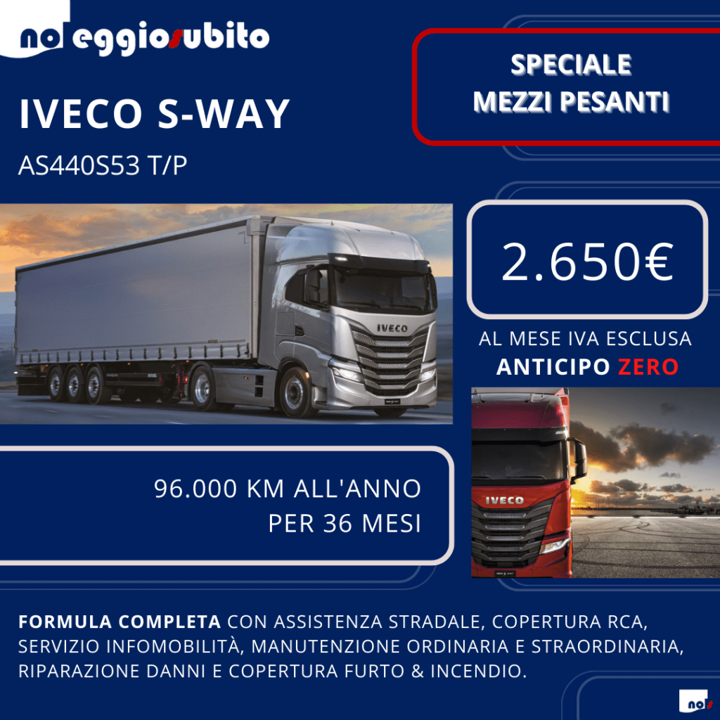 Iveco S-WAY AS440S53 T/P a partire da 2.650€ mese senza anticipo. Noleggio comprensivo di assicurazioni, manutenzioni e tutti i servizi.