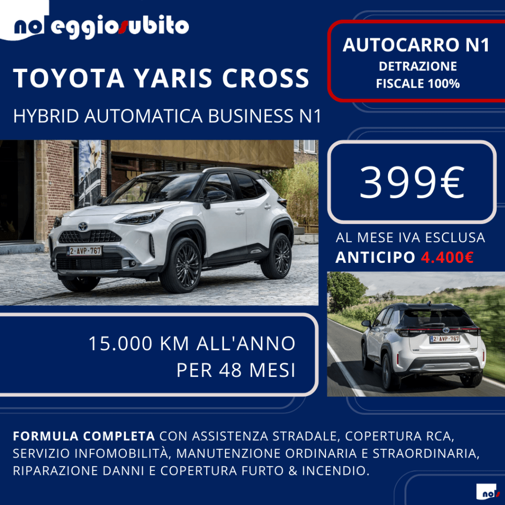 Toyota YARIS CROSS autocarro N1. A partire da 389 euro al mese. Canoni deducibili fiscalmente al 100%. Tutti i servizi inclusi