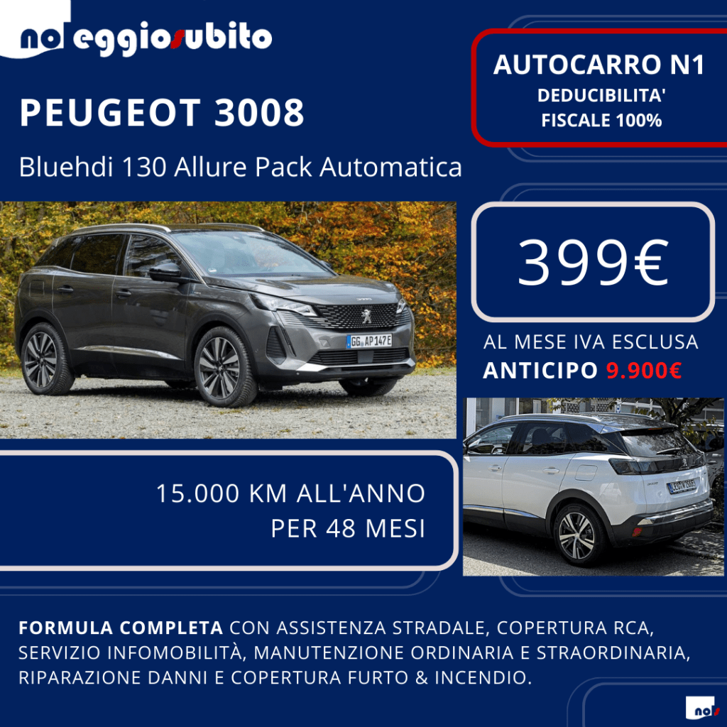 Peugeot 3008 diesel immatricolazione AUTOCARRO N1. Canone noleggio a lungo termine a partire da 399€ mese