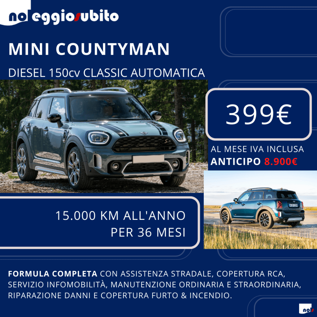 Mini Countryman diesel automatico. Canone mensile a partire da 399 euro IVA compresa noleggio a lungo termine. Pronta consegna