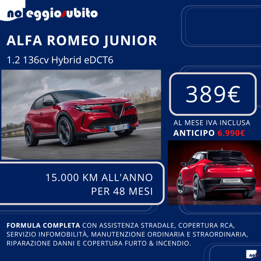Alfa Romeo Junior hybrid automatica. Canone a partire da 389 euro IVA compresa. Noleggio Lungo Termine: tutti i servizi compresi. Pronta consegna