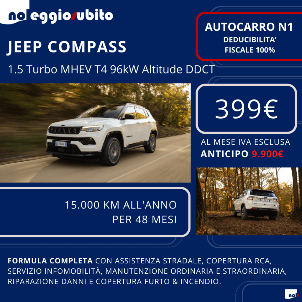 Jeep Compass Autocarro N1. Offerta di noleggio a lungo termine, formula completa. Detrazione del 100%. Rata mensile da 339€
