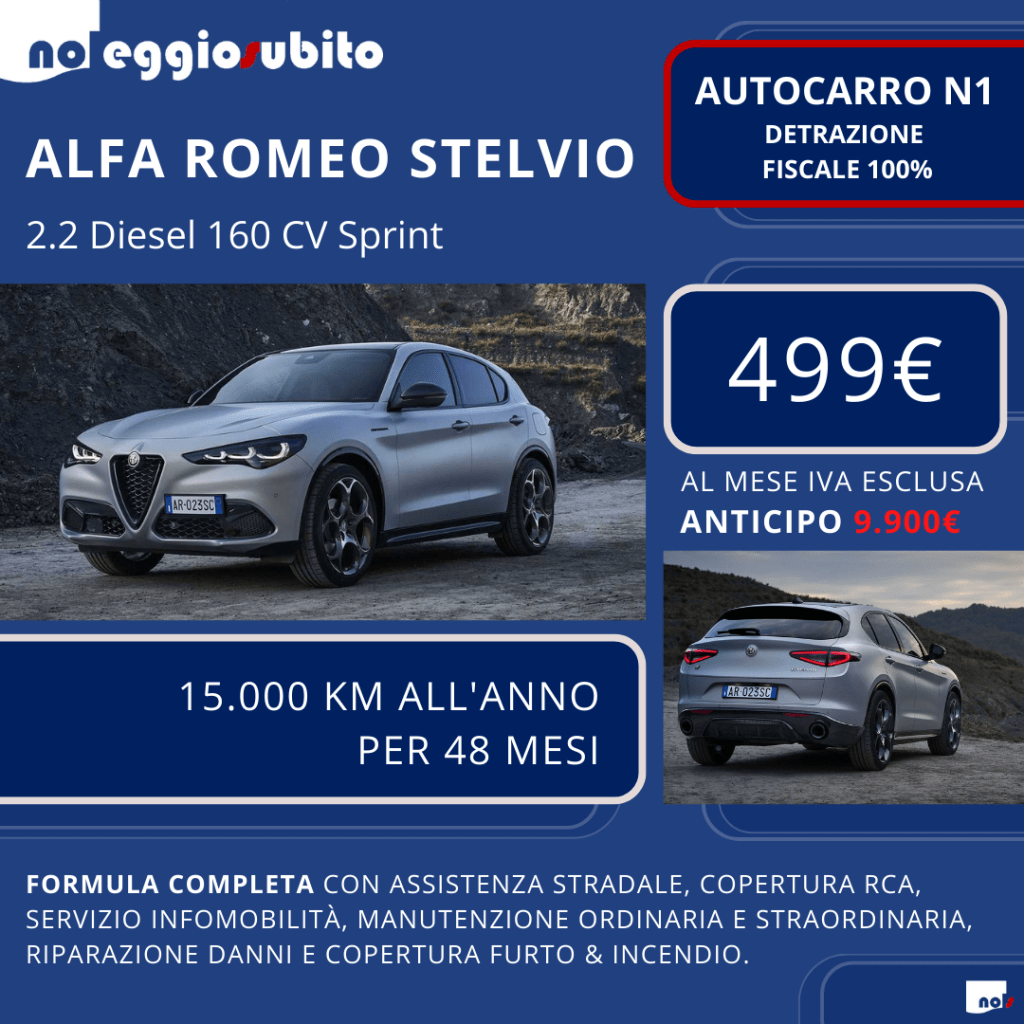Alfa Romeo STELVIO diesel. Autocarro N1 a noleggio lungo termine. Canone mensile a partire da 499 euro al mese. Tutti i servizi compresi