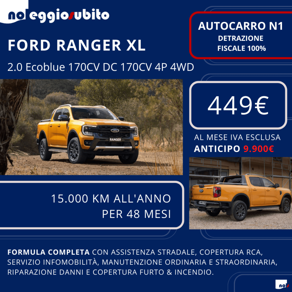Ford RANGER diesel doppia cabina. Noleggio a lungo termine a partire da 449€ al mese. Veicolo autocarro N1. IVA detraibile e canone mensile integralmente detraibile. Disponibilità in Pronta Consegna