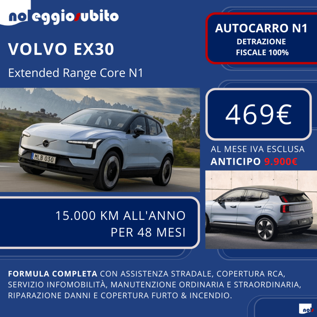 Volvo EX30 N1 autocarro noleggio lungo termine. Canone a partire da 469 euro. Tutti i servizi compresi. Scarico fiscale del 100%