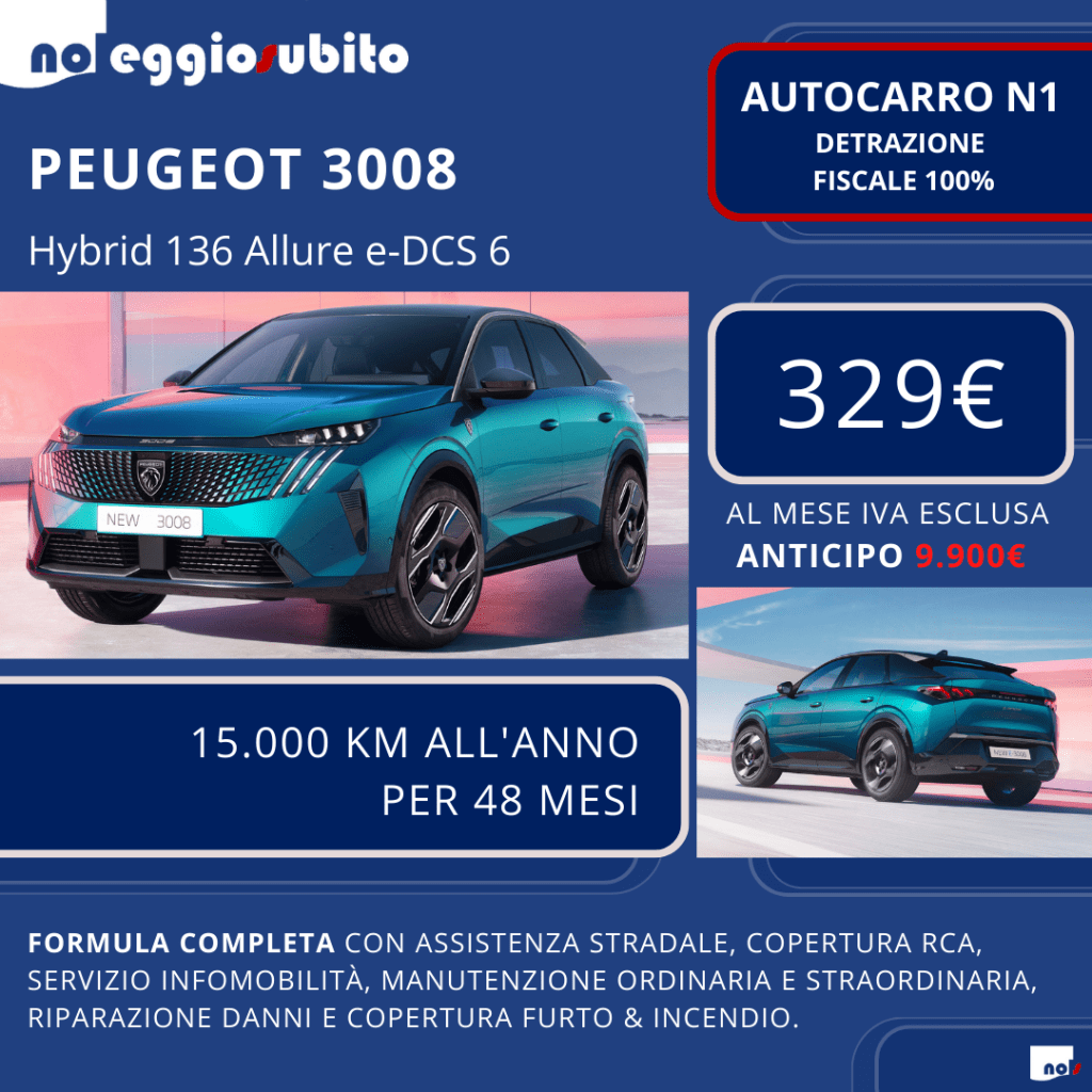 Peugeot 3008 hybrid automatica AUTOCARRO N1 Canone a partire da 329 euro. Noleggio Lungo Termine: tutti i servizi compresi. Deducibile al 100%