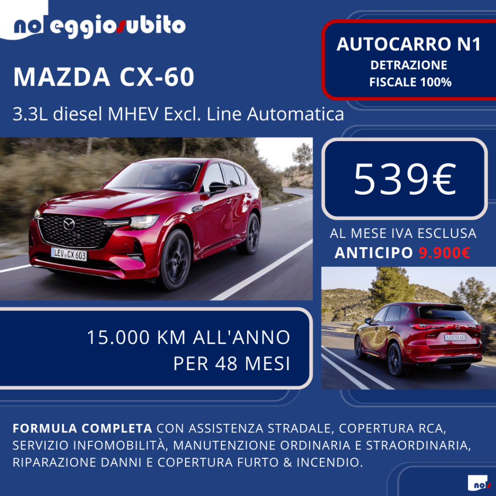 Mazda CX-60 diesel AUTOCARRO N1 Canone a partire da 539 euro. Noleggio Lungo Termine: tutti i servizi compresi. Deducibile al 100%