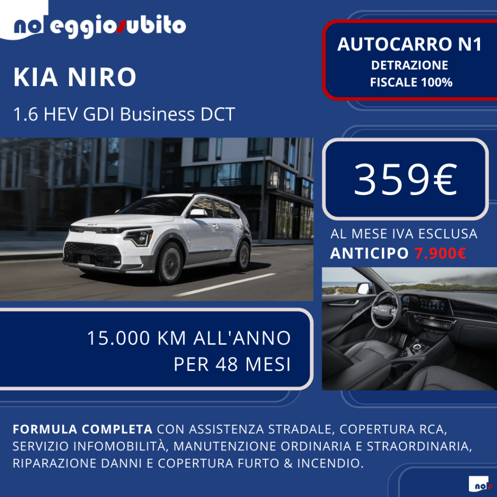 Kia NIRO AUTOCARRO N1 Canone a partire da 359 euro. Noleggio Lungo Termine: tutti i servizi compresi. Deducibile al 100%