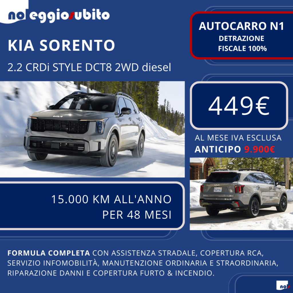 Kia SORENTO diesel AUTOCARRO N1 Canone a partire da 449 euro. Noleggio Lungo Termine: tutti i servizi compresi. Deducibile al 100%
