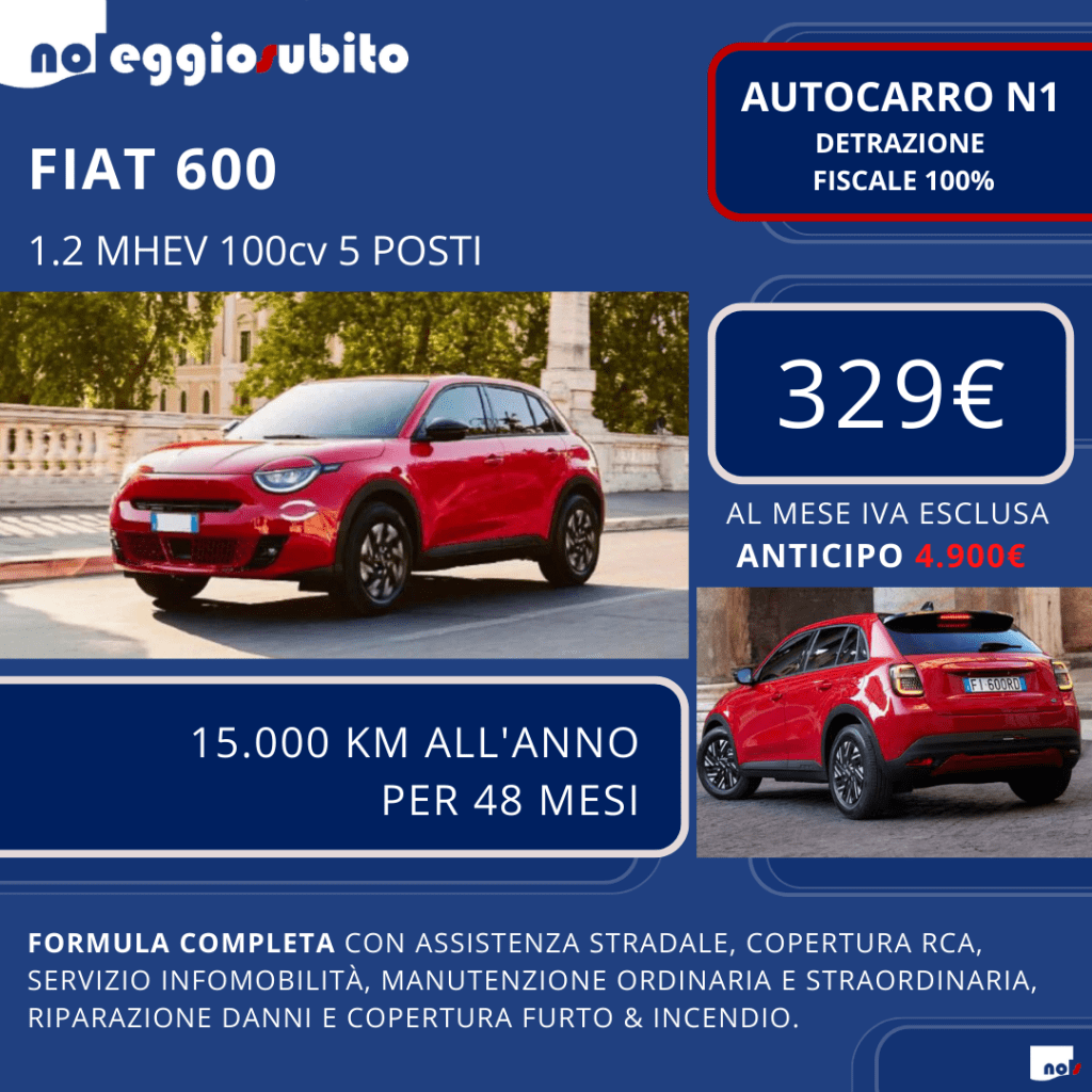 Fiat 600 AUTOCARRO N1 5 porte. Canone a partire da 329 euro. Noleggio Lungo Termine: tutti i servizi compresi. Deducibile al 100%
