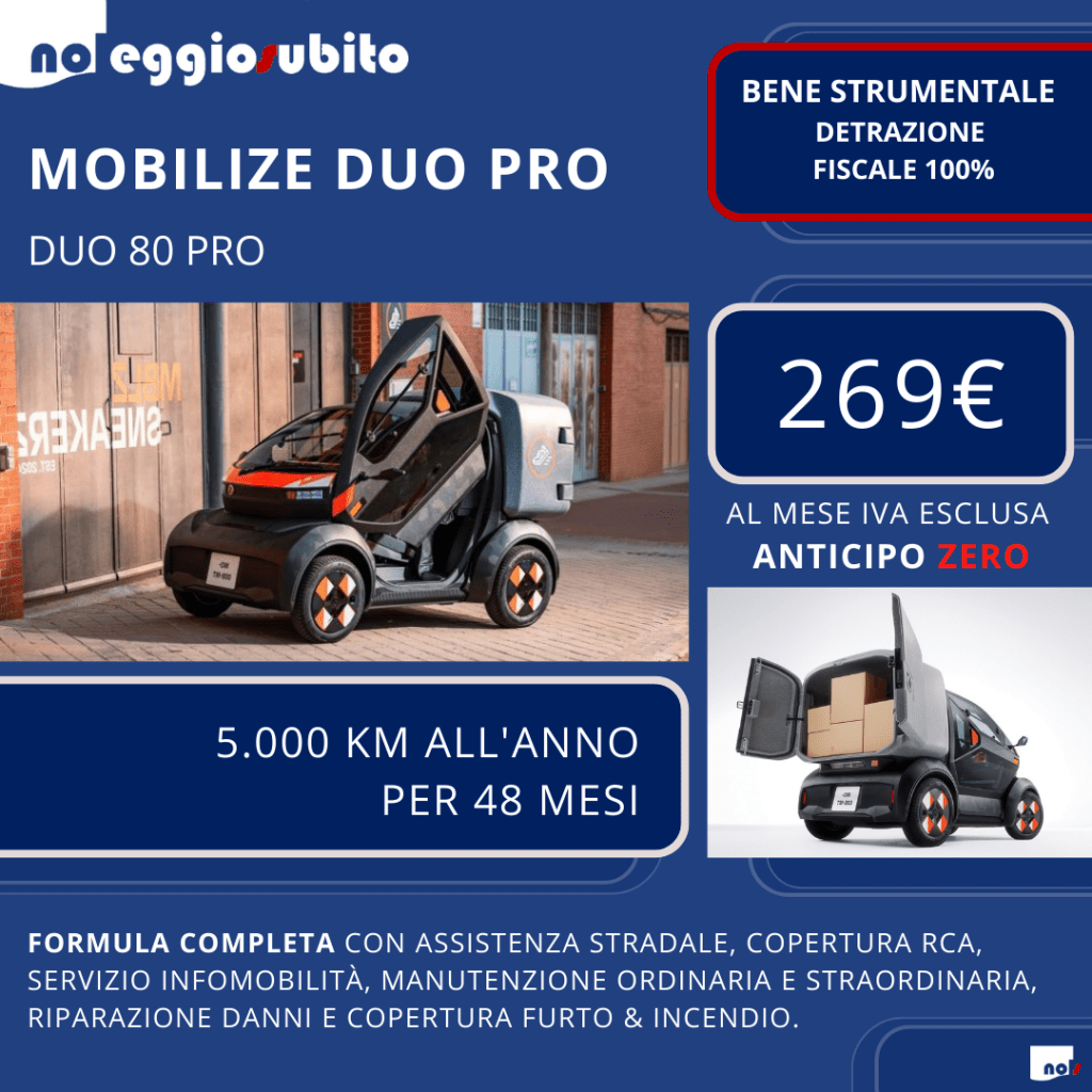 Mobilize DUO PRO. Canone a partire da 269 euro. Noleggio Lungo Termine: tutti i servizi compresi. Deducibile al 100%. Vettura per delivery bene strumenale