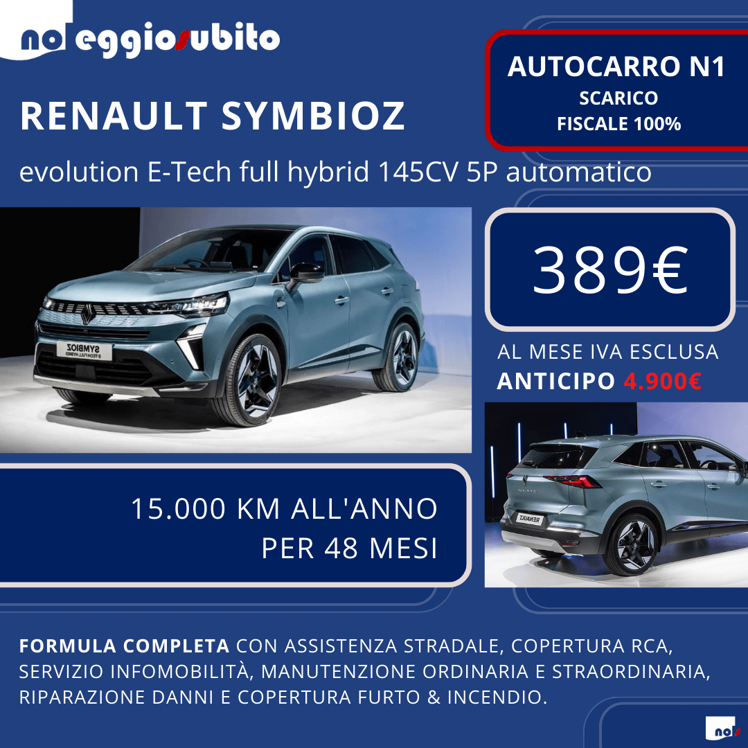 Renault Symbioz Full Hybrid autocarro N1 canone a partire da 389 euro mese. Scarico fiscale 100% centro percento tutti i servizi compresi assicurazione manutenzione