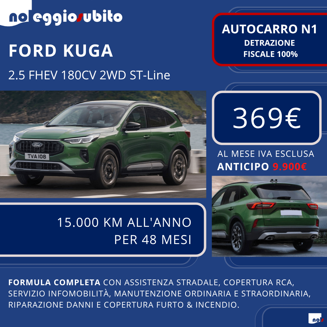 Ford KUGA Full Hybrid autocarro N1 canone a partire da 369 euro mese. Scarico fiscale 100% centro percento tutti i servizi compresi assicurazione manutenzione
