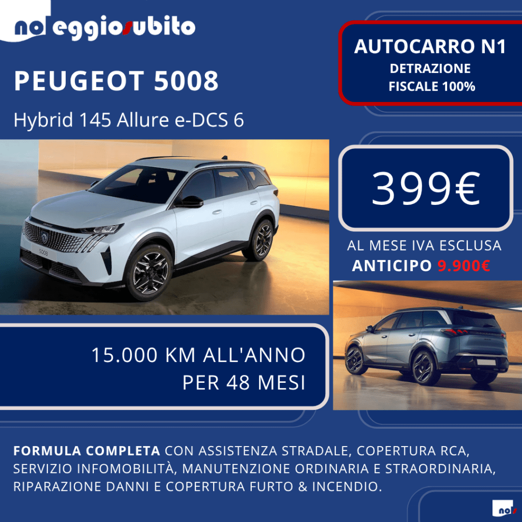 Peugeot 5008 hybrid automatica AUTOCARRO N1 Canone a partire da 339 euro. Noleggio Lungo Termine: tutti i servizi compresi. Deducibile al 100%