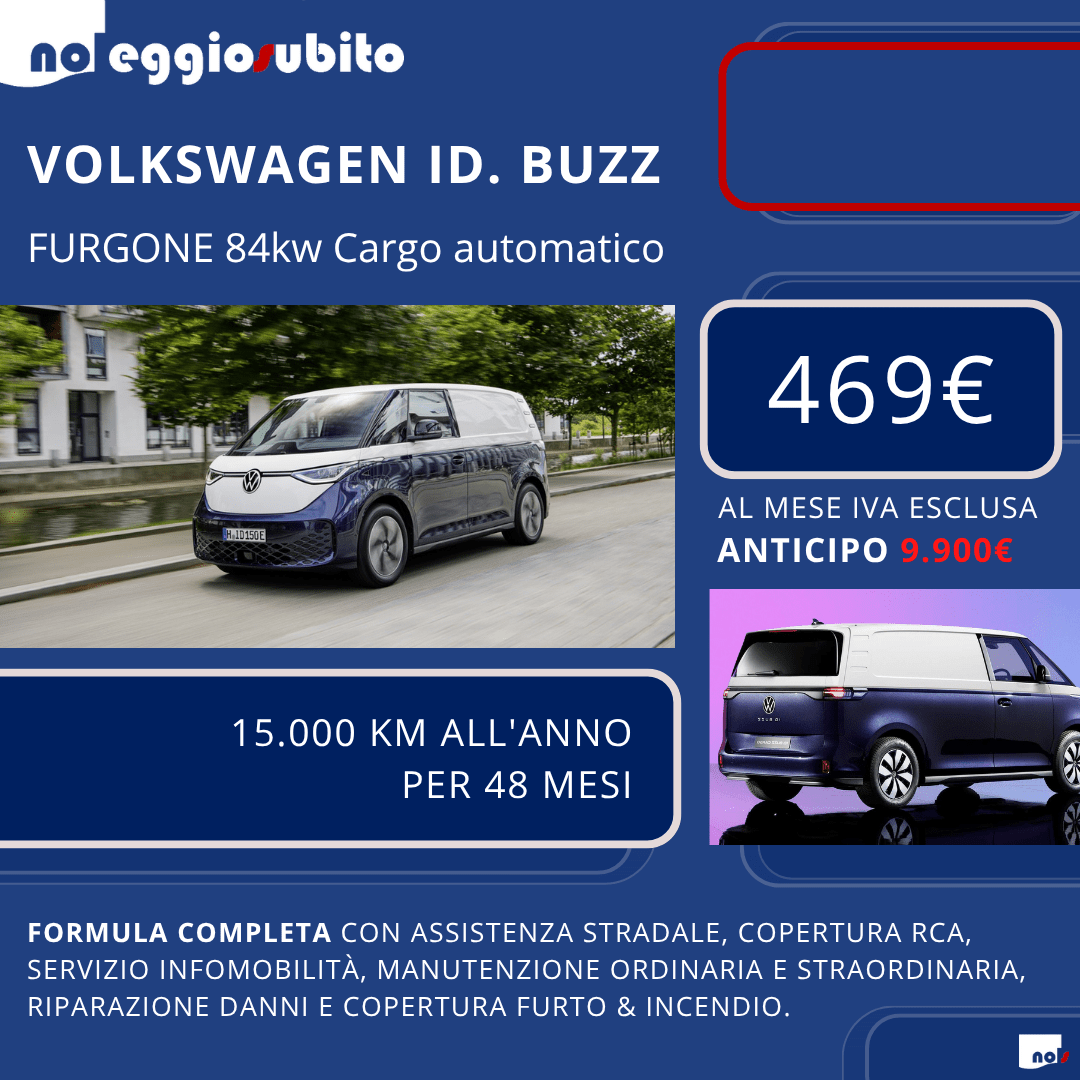 Volkswagen Id buzz Furgone autocarro N1 canone a partire da 469 euro mese. Scarico fiscale 100% centro percento tutti i servizi compresi assicurazione manutenzione