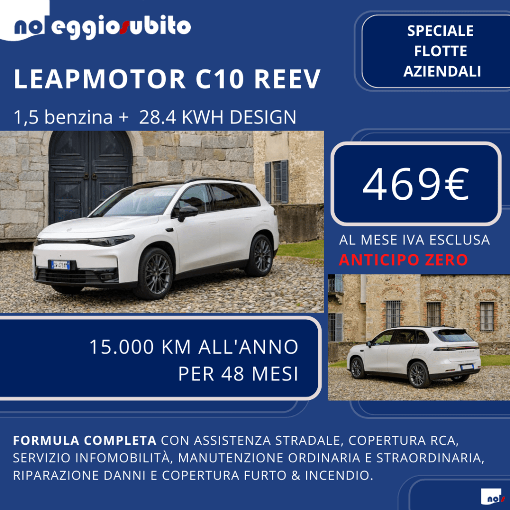 Leapmotor LP C10 REEV Canone a partire da 469 euro. Noleggio Lungo Termine: tutti i servizi compresi. Speciale flotte aziendali: Fringe benefit al 20%