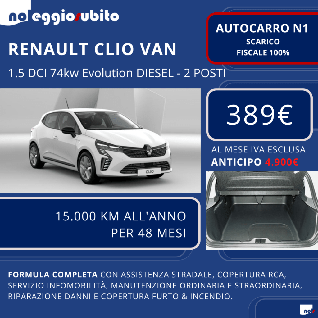 Renault Clio diesel VAN N1 Canone a partire da 289 euro. Noleggio Lungo Termine: tutti i servizi compresi. Deducibile al 100%