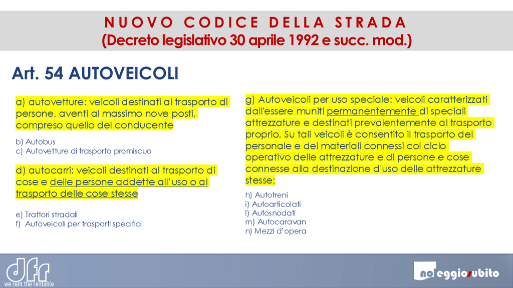 l'articolo 54  del Nuovo  Codice della Strada elenca le tipologie di mezzi che possono circolare in Europa