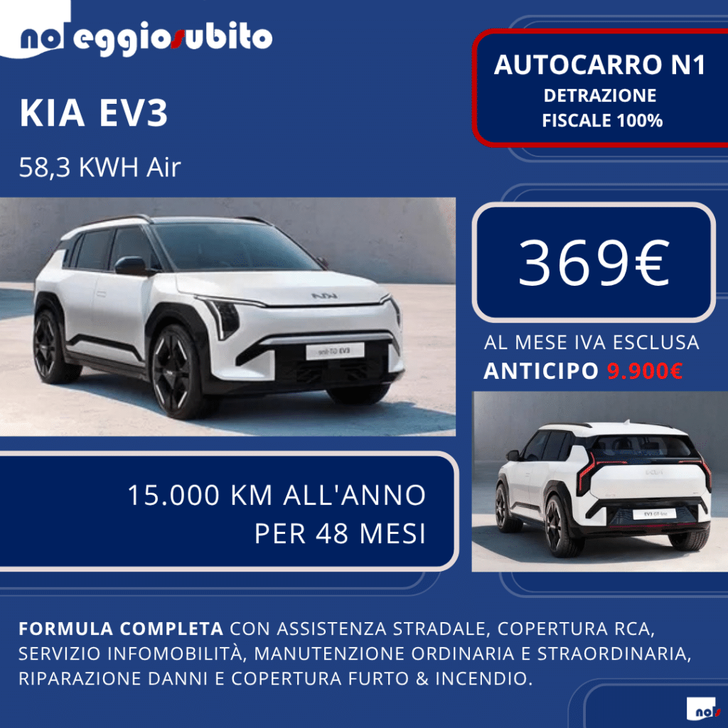 Kia EV3 N1 autocarro. A partire da 369 euro al mese. Canoni deducibili fiscalmente al 100%. Tutti i servizi inclusi